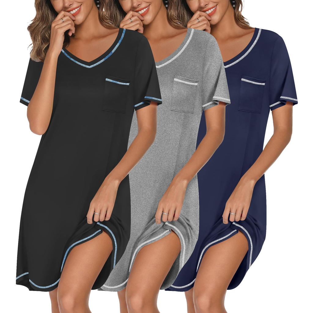 Ekouaer 3 Pack Nightgowns for Women Short Sleeve Sleep Shirt Soft Sleepwear