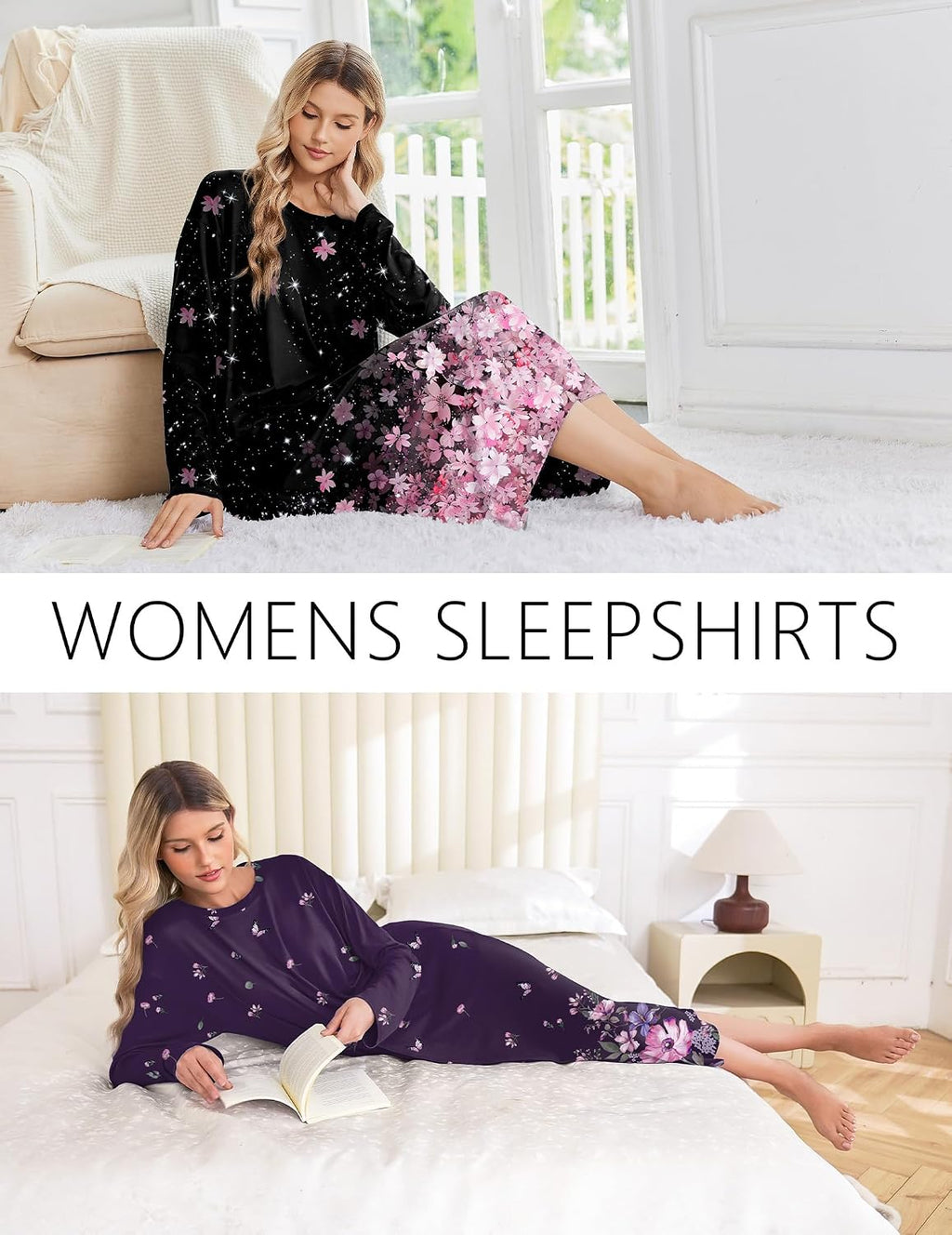 Ekouaer 2 Pack Long Nightgowns for Women Long Sleeve Nightgown with Pocket