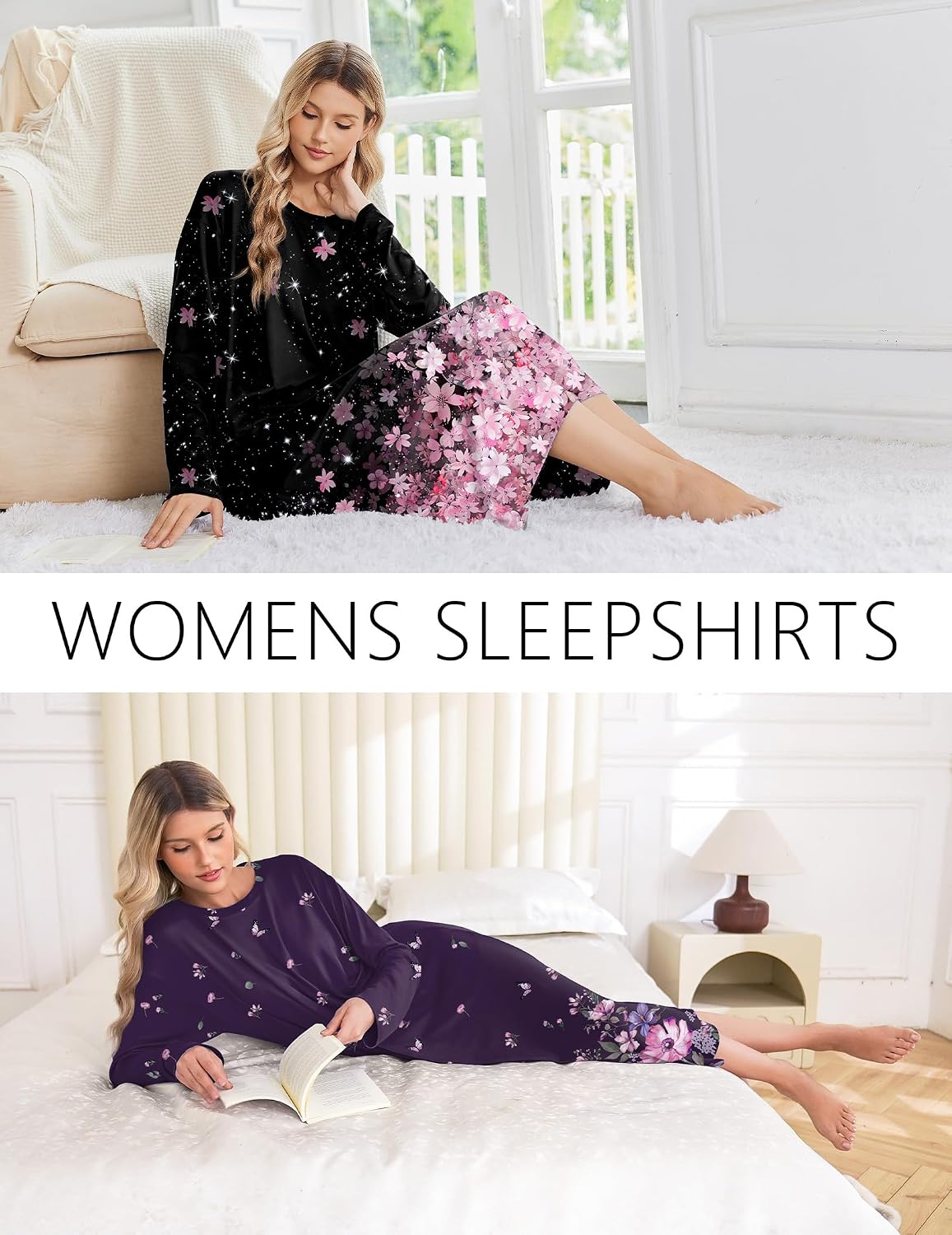 Ekouaer 2 Pack Long Nightgowns for Women Long Sleeve Nightgown with Pocket