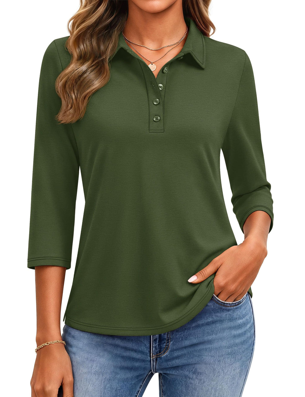 YUCOLEN Polo Shirts for Women 3/4 Sleeve Tops Golf Tees 5-Button Collared