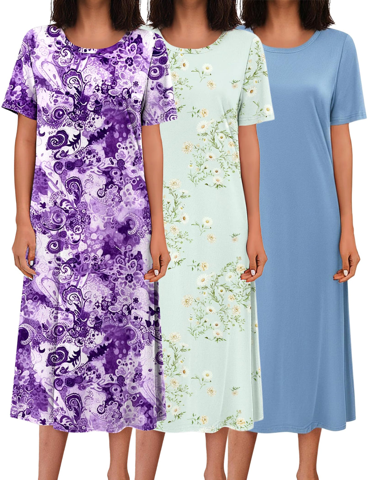 Ekouaer 3 Pack Long Nightgowns for Women House Dress Plus Size Nightshirt
