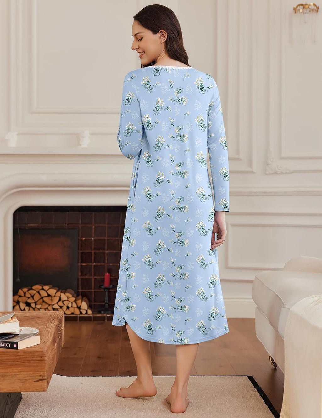 Ekouaer Womens Long Sleeve Nightgowns Long Sleepshirts Henley Sleep Dress
