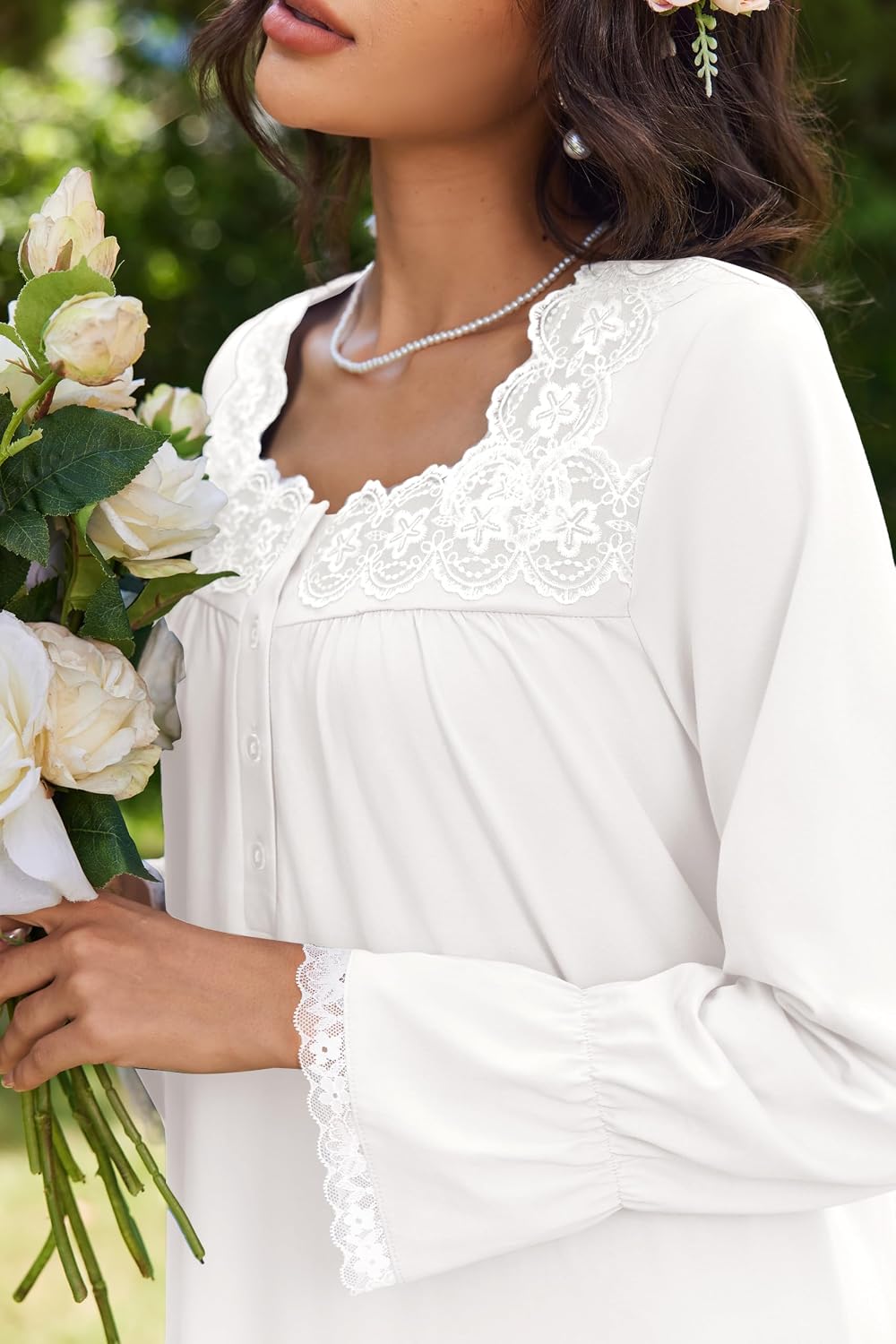 Ekouaer Cotton Nightgowns for Women Long Sleeve Night Gown Lace Sleepwear