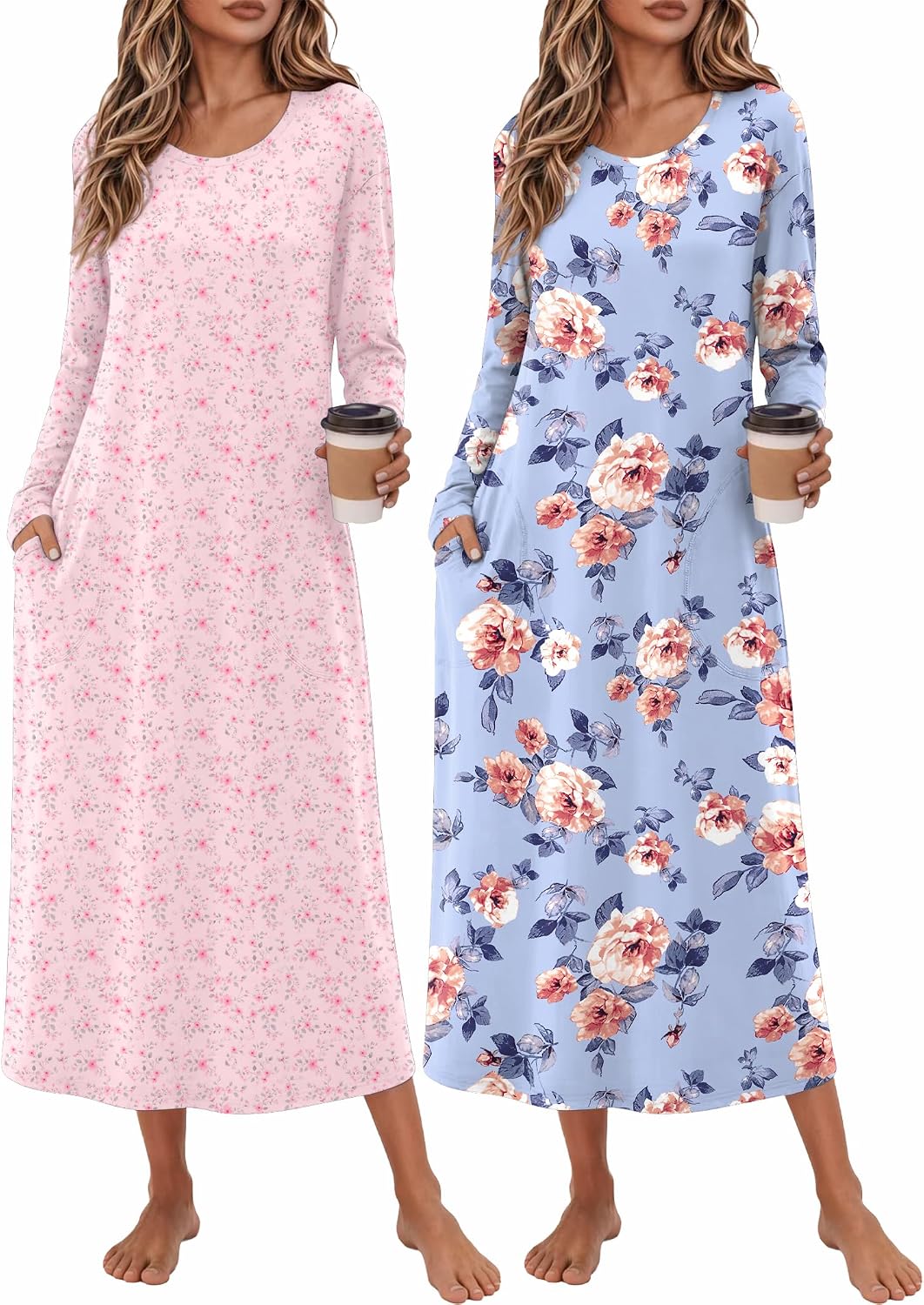 Ekouaer 2 Pack Long Nightgowns for Women Long Sleeve Nightgown with Pocket