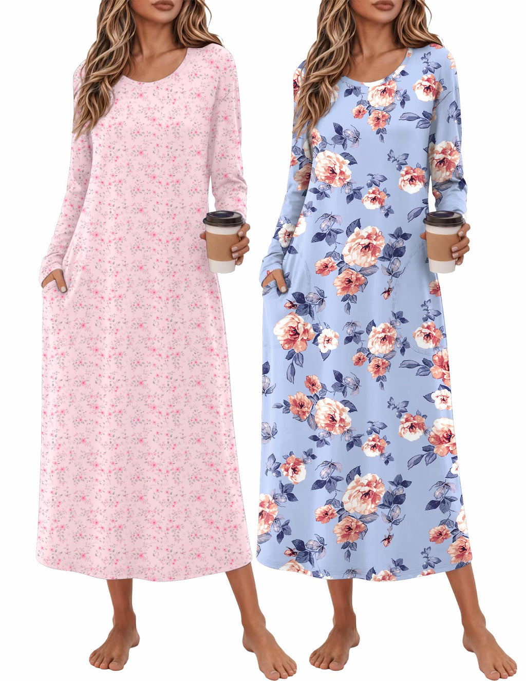 Ekouaer 2 Pack Long Nightgowns for Women Long Sleeve Nightgown with Pocket