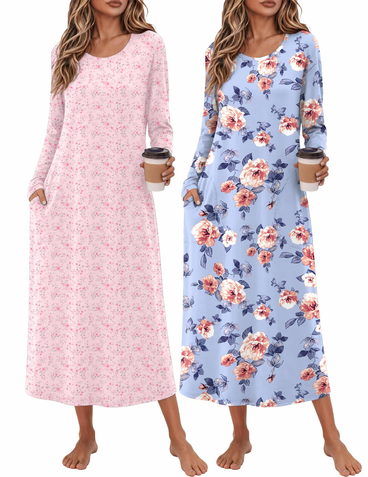 Ekouaer 2 Pack Long Nightgowns for Women Long Sleeve Nightgown with Pocket