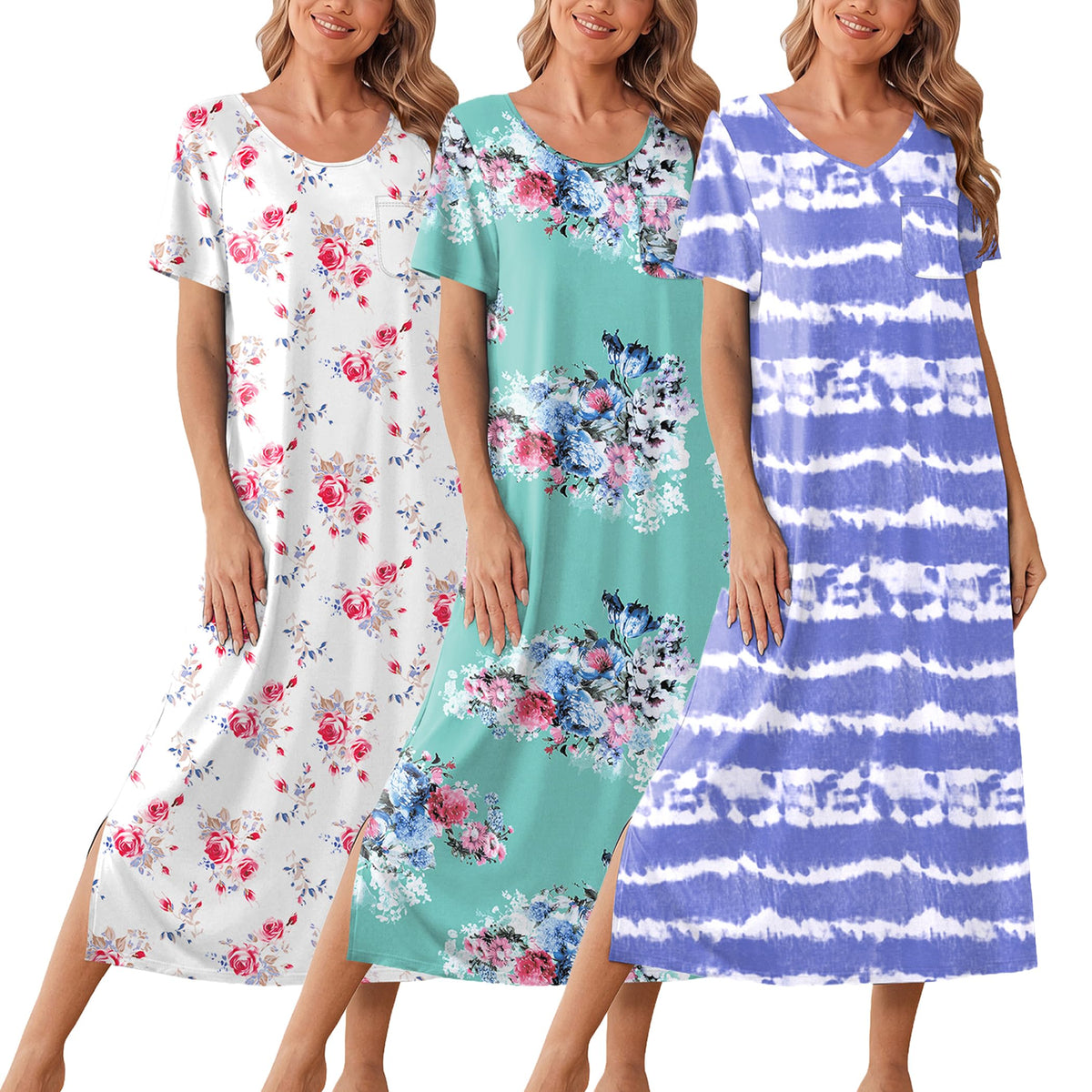 Ekouaer Long Nightgowns for Women 3 Pack Plus Size Short Sleeve House Dress