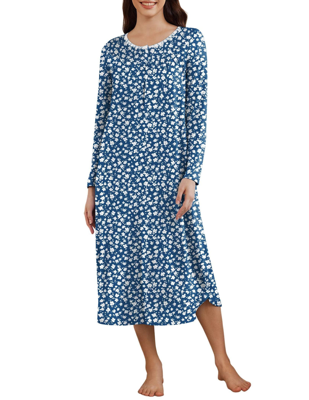 Ekouaer Womens Long Sleeve Nightgowns Long Sleepshirts Henley Sleep Dress