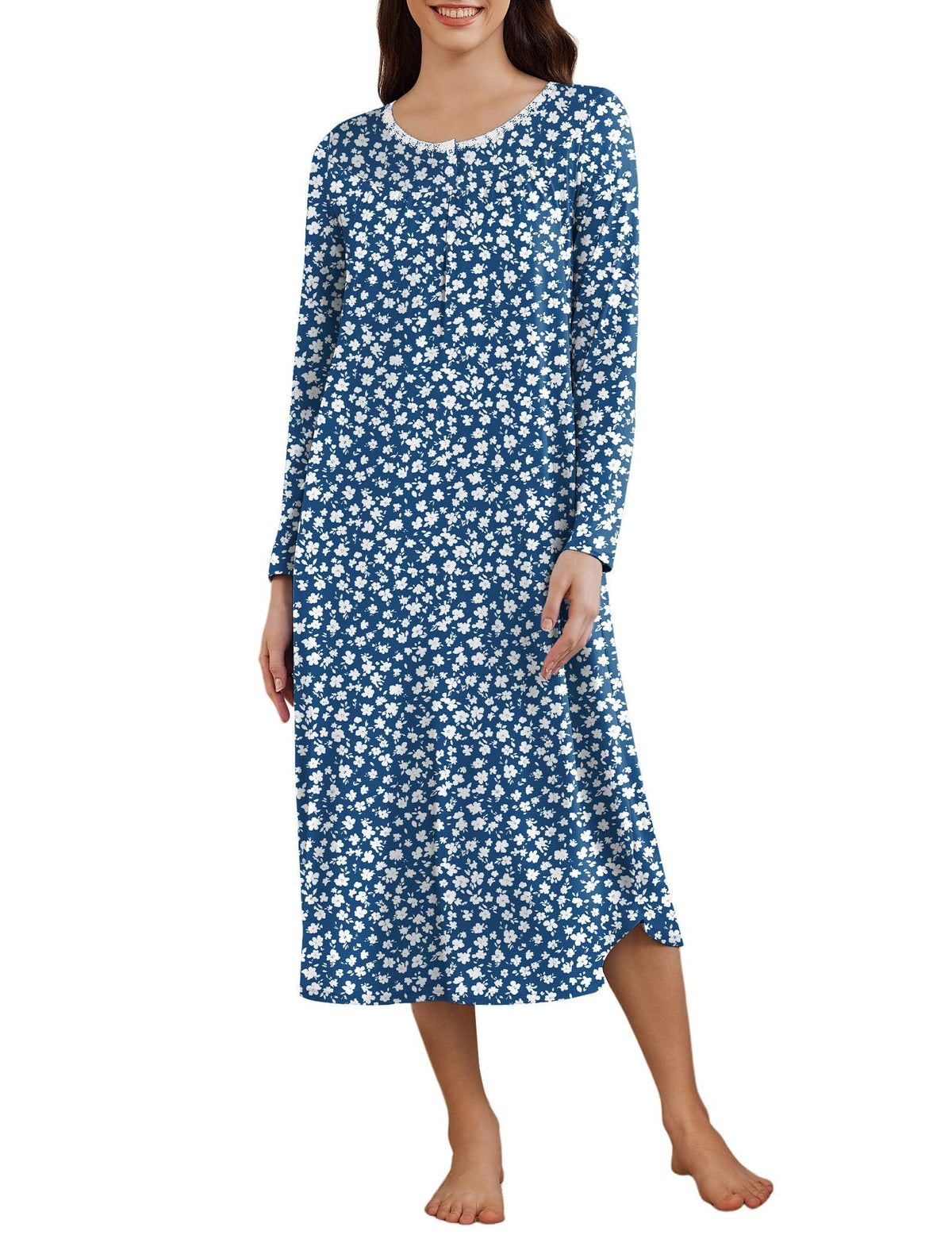 Ekouaer Womens Long Sleeve Nightgowns Long Sleepshirts Henley Sleep Dress
