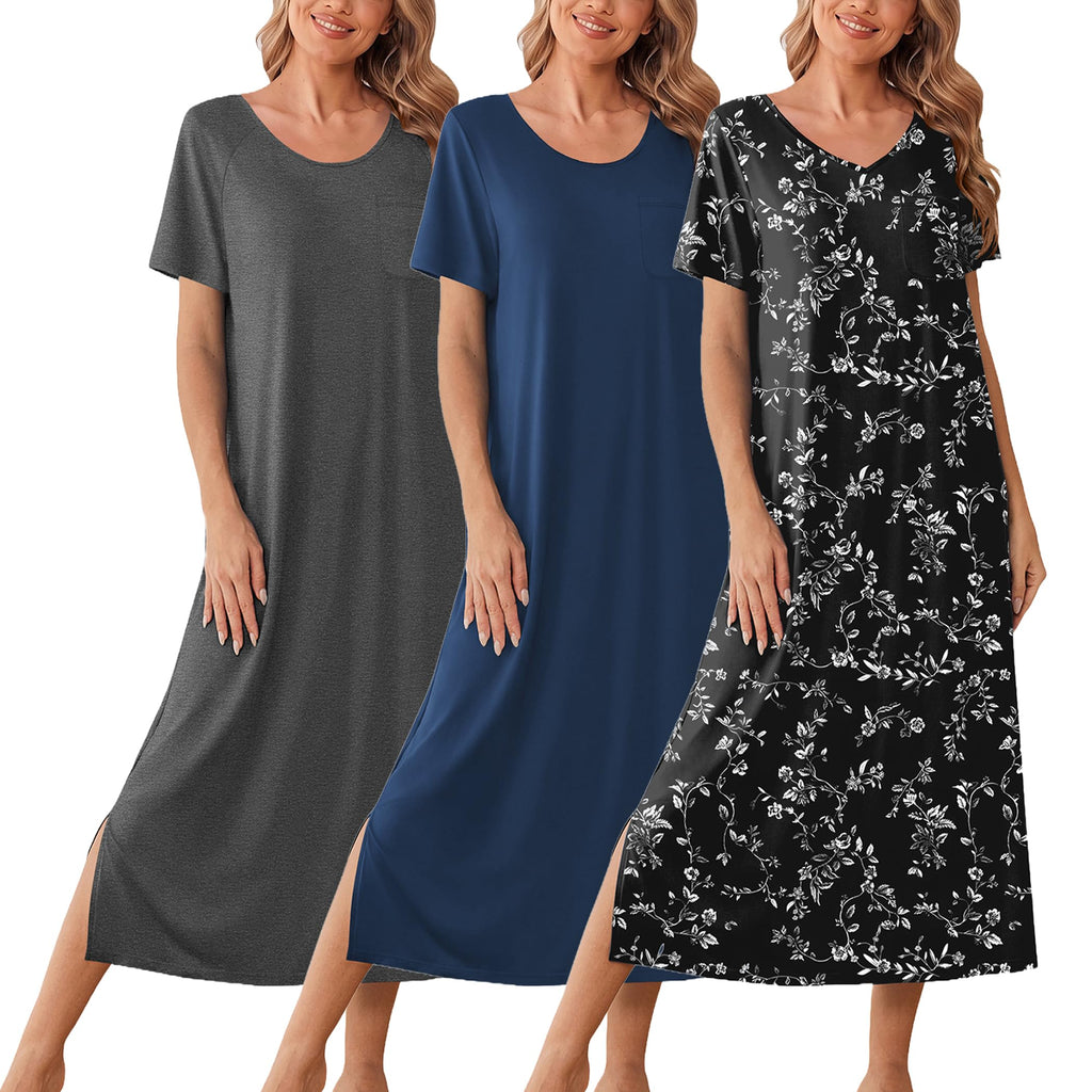 Ekouaer Long Nightgowns for Women 3 Pack Plus Size Short Sleeve House Dress