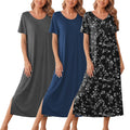 Ekouaer Long Nightgowns for Women 3 Pack Plus Size Short Sleeve House Dress