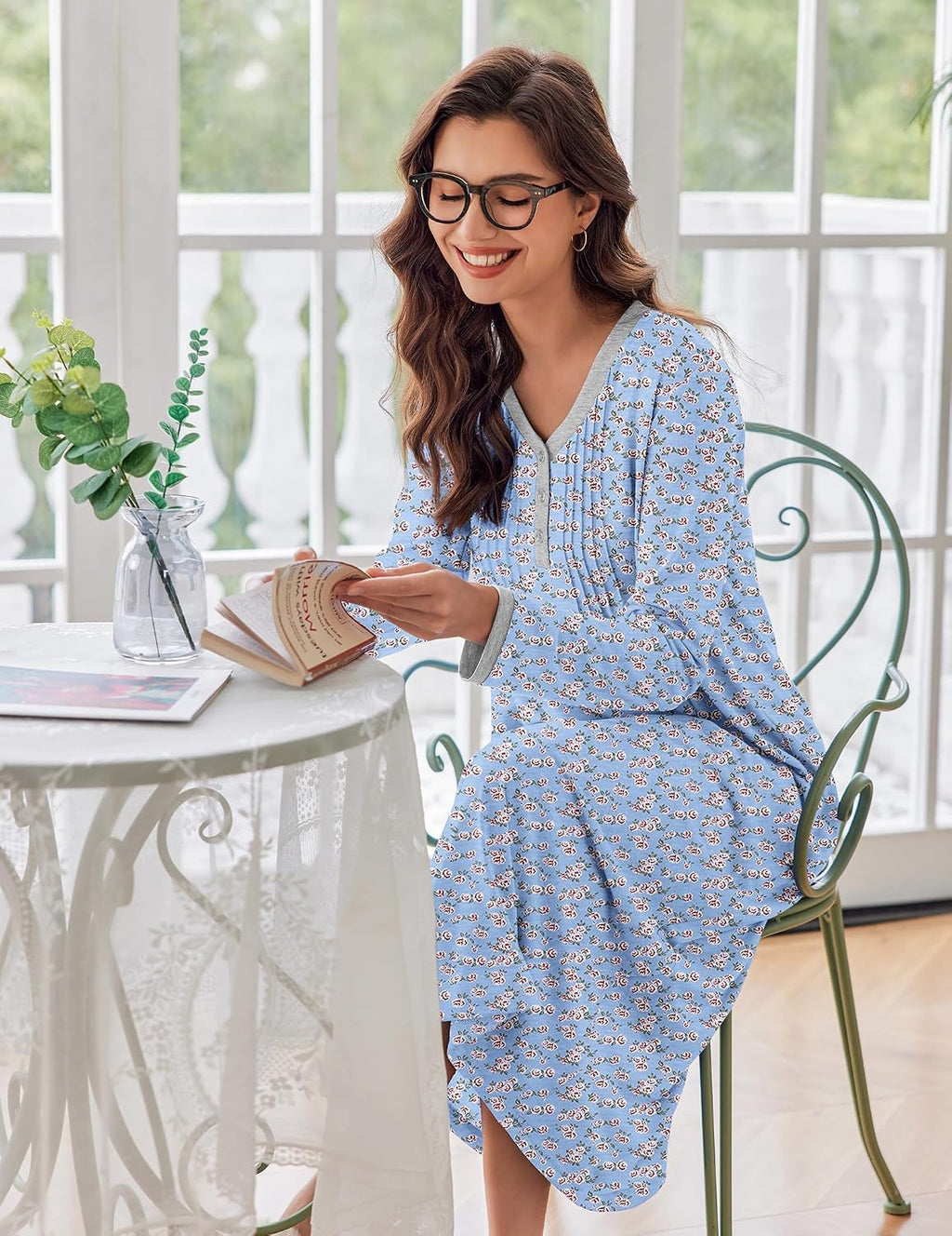 Ekouaer Women's Long Sleeve Nightgown Full Length Sleepwear Long Sleepshirts Henley Sleep Dress