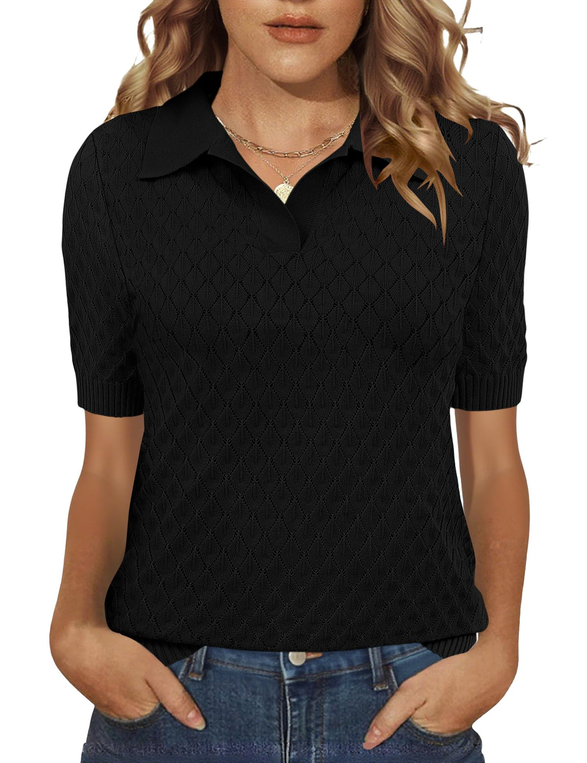 Rapbin Womens Short Sleeve Knit Polo Shirts Summer Spring Sweater Tops