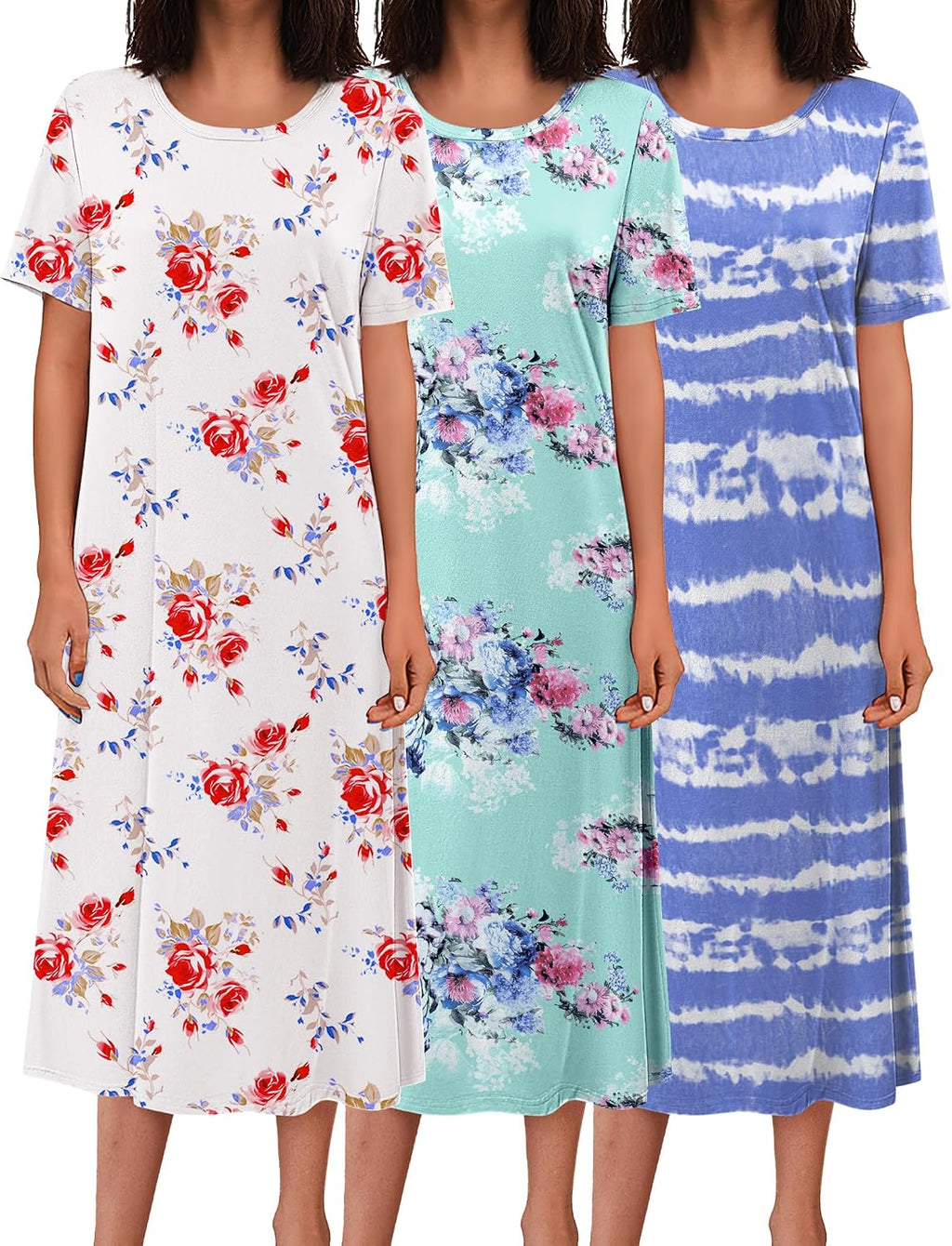 Ekouaer 3 Pack Long Nightgowns for Women House Dress Plus Size Nightshirt