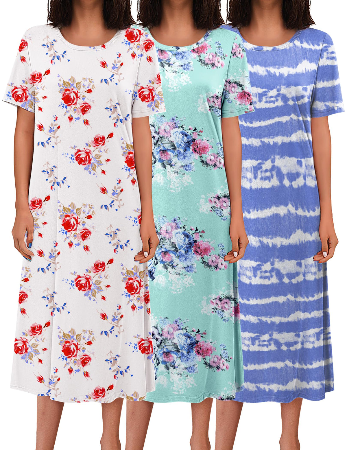 Ekouaer 3 Pack Long Nightgowns for Women House Dress Plus Size Nightshirt