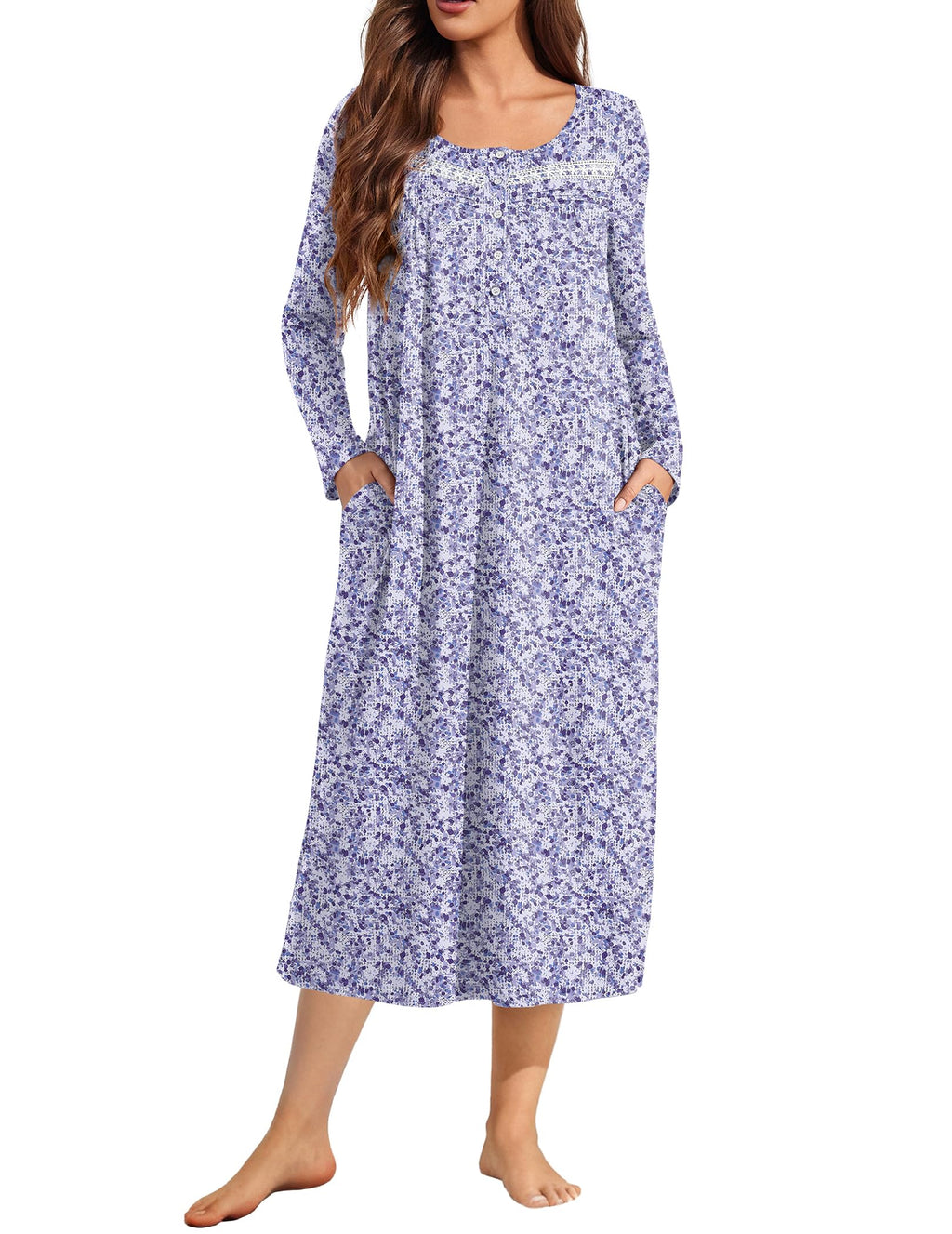 Ekouaer Long Sleeve Nightgown for Women Long Henley House Dress with Pocket