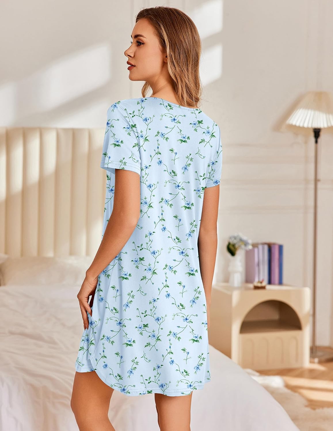 Ekouaer Nightgowns for Women Pleated Sleep Shirts Short Sleeve Night Shirts