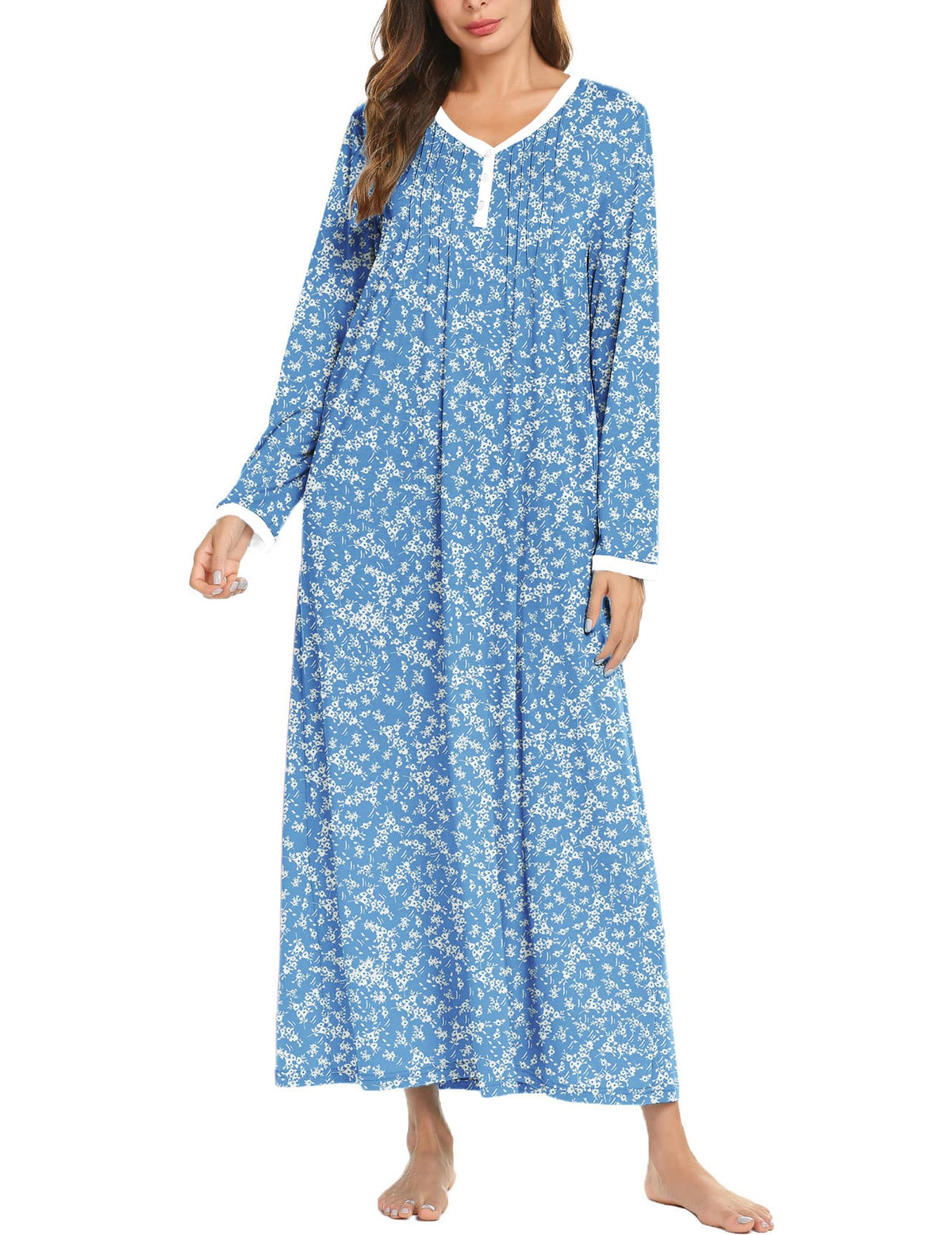 Ekouaer Women's Long Sleeve Nightgown Full Length Sleepwear Long Sleepshirts Henley Sleep Dress