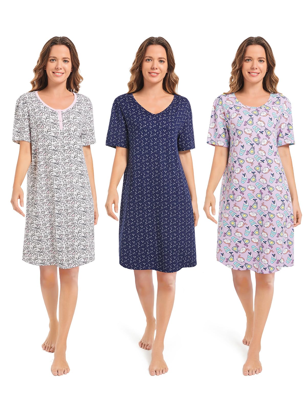 3 Pack Nightgowns for Women Summer Short Sleeve Night Gowns