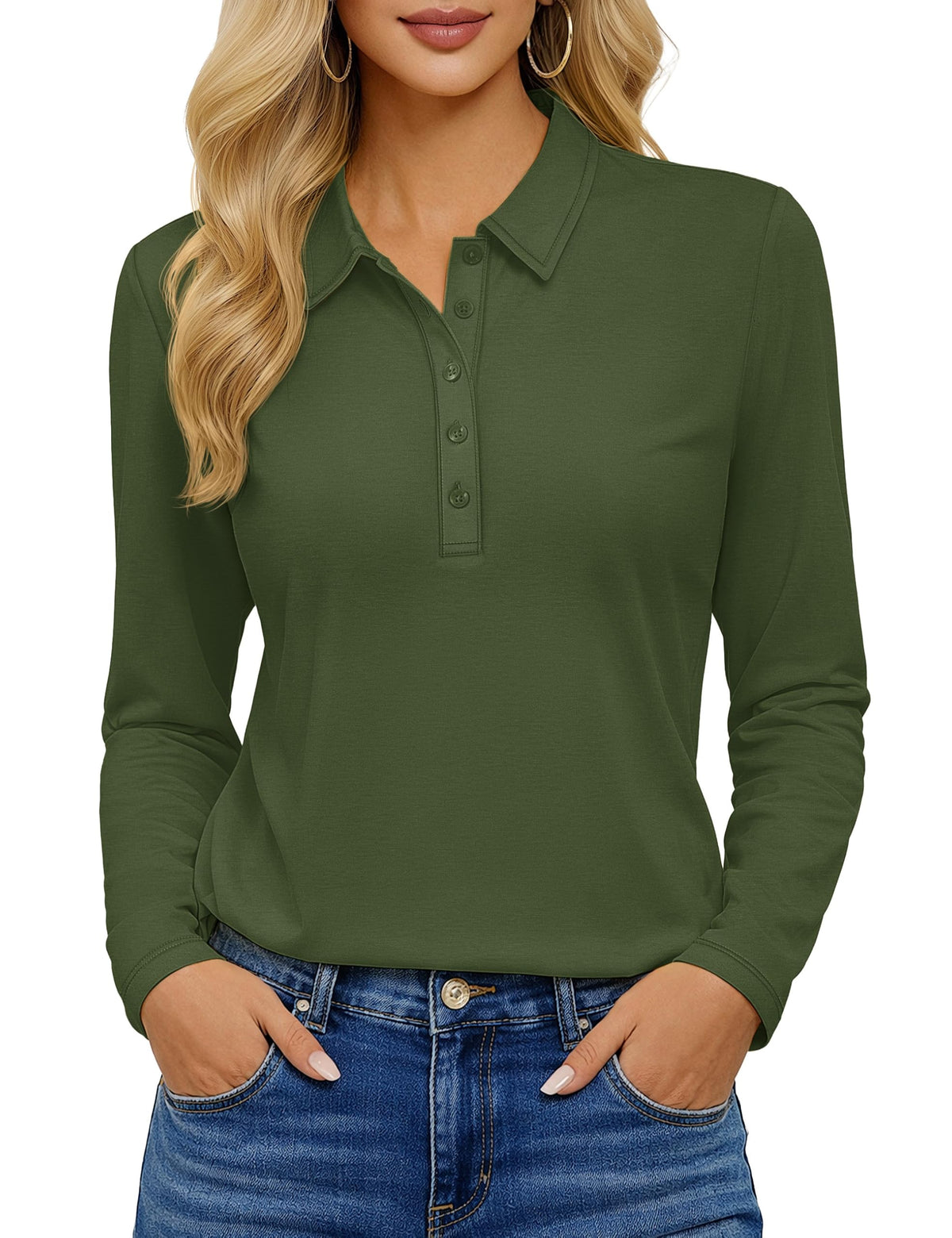 YUCOLEN Long Sleeve Polo Shirts for Women 5-Button Collared Golf Tops