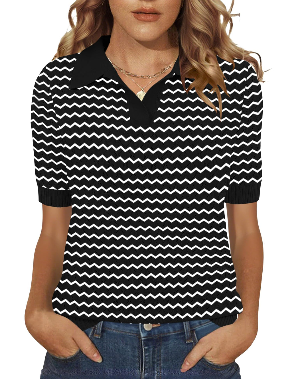 Rapbin Womens Short Sleeve Knit Polo Shirts Summer Spring Sweater Tops