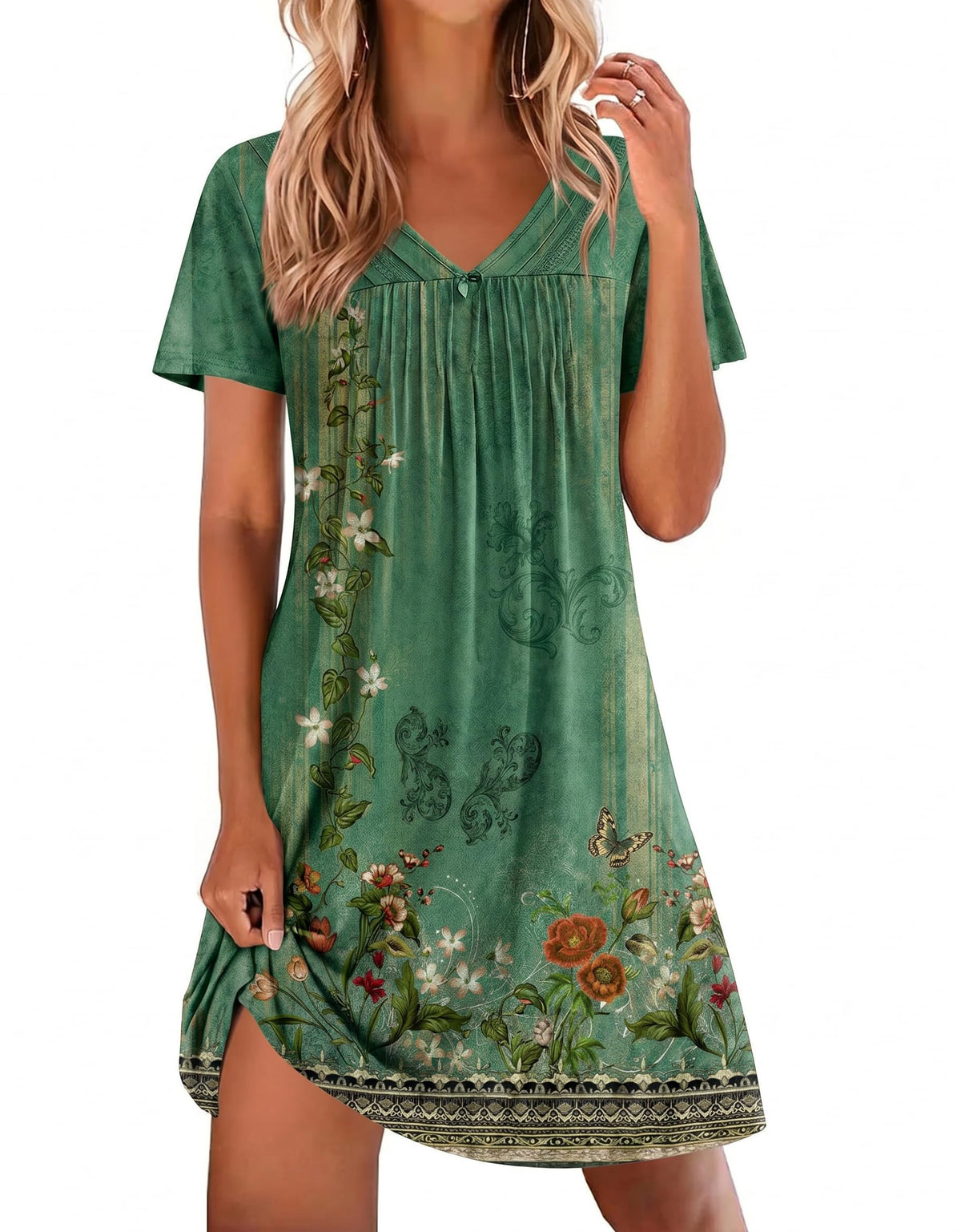 Ekouaer Nightgowns for Women V Neck Sleepshirt Short Sleeve Nightdress Lace Trim Night Gown House Dress with Pockets