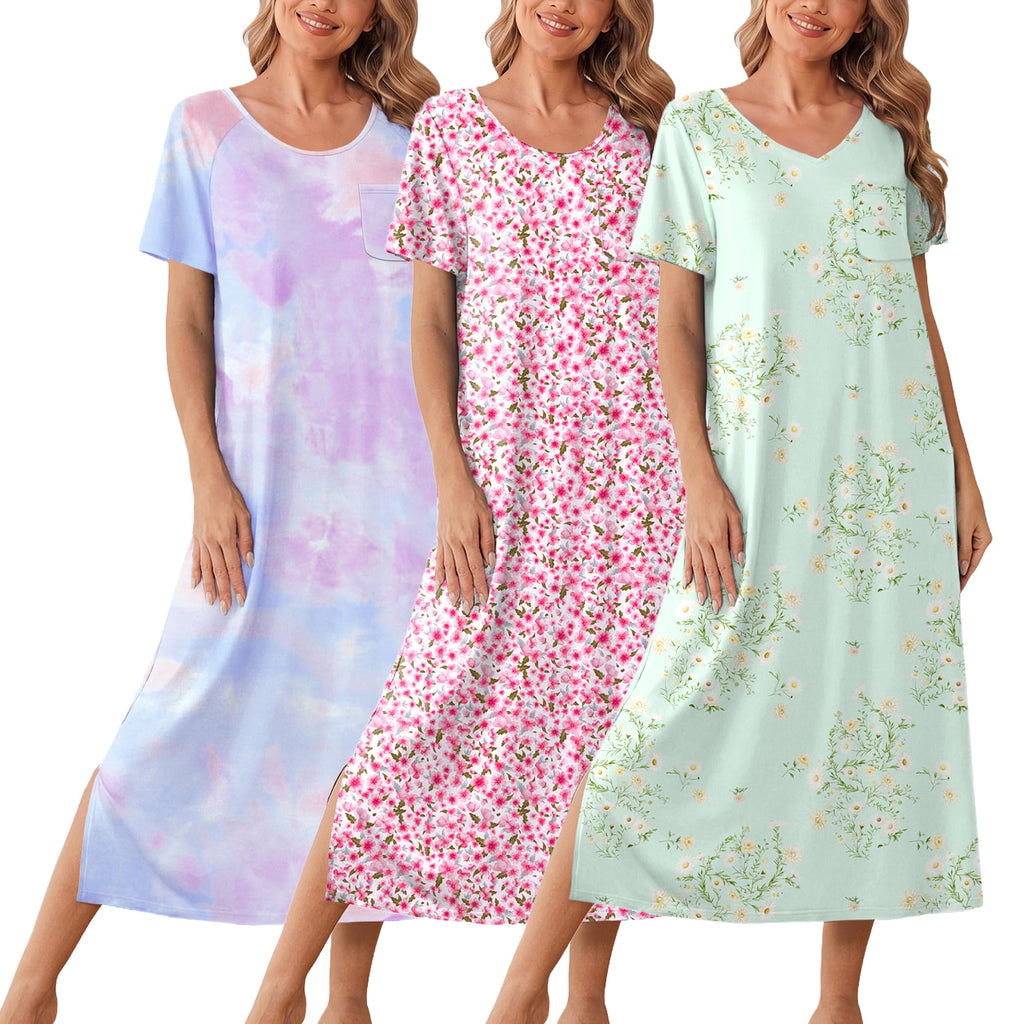 Ekouaer Long Nightgowns for Women 3 Pack Plus Size Short Sleeve House Dress