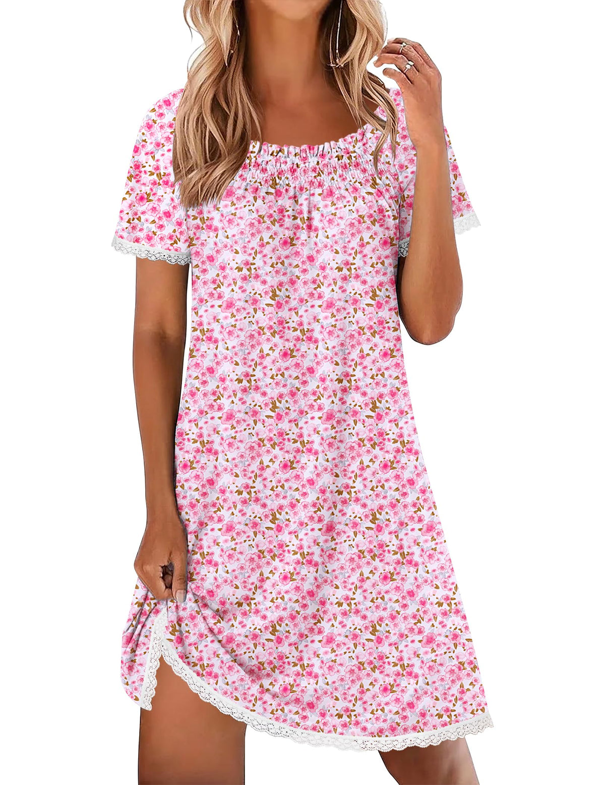 Ekouaer Cotton Nightgowns for Women Short Sleeve Pleated Sleep Shirts