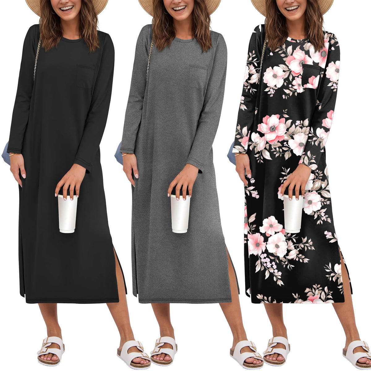 Ekouaer 3 Pack Long Sleeve Full Length Chest Pocket Nightgowns for Women