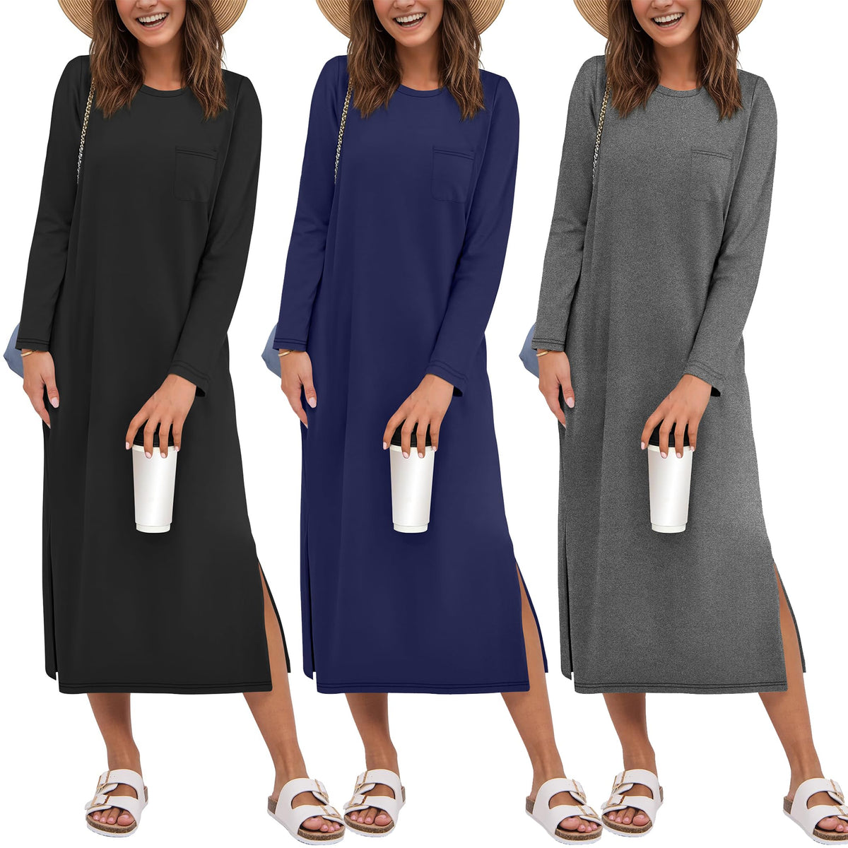 Ekouaer 3 Pack Long Sleeve Full Length Chest Pocket Nightgowns for Women