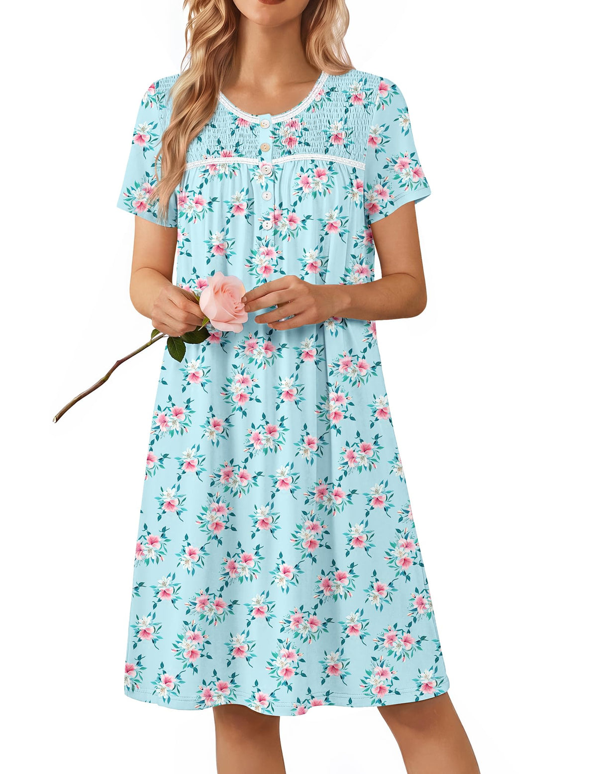Ekouaer Nightgowns for Women Smocked Night Gown Short Sleeve Sleepshirts