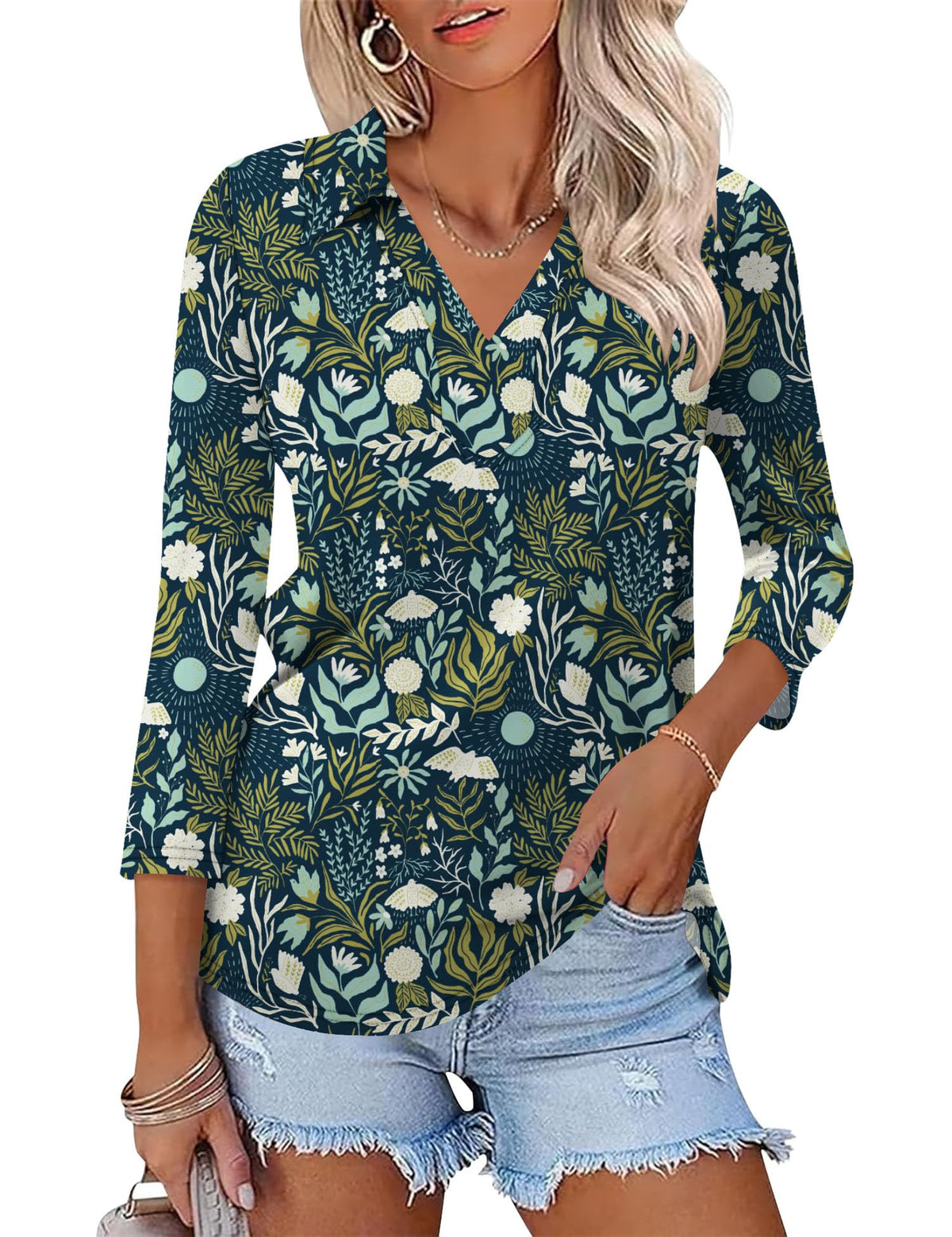 LOMON 3/4 Sleeve Womens Tops Summer Collared Polo Shirts V Neck Polos Tees