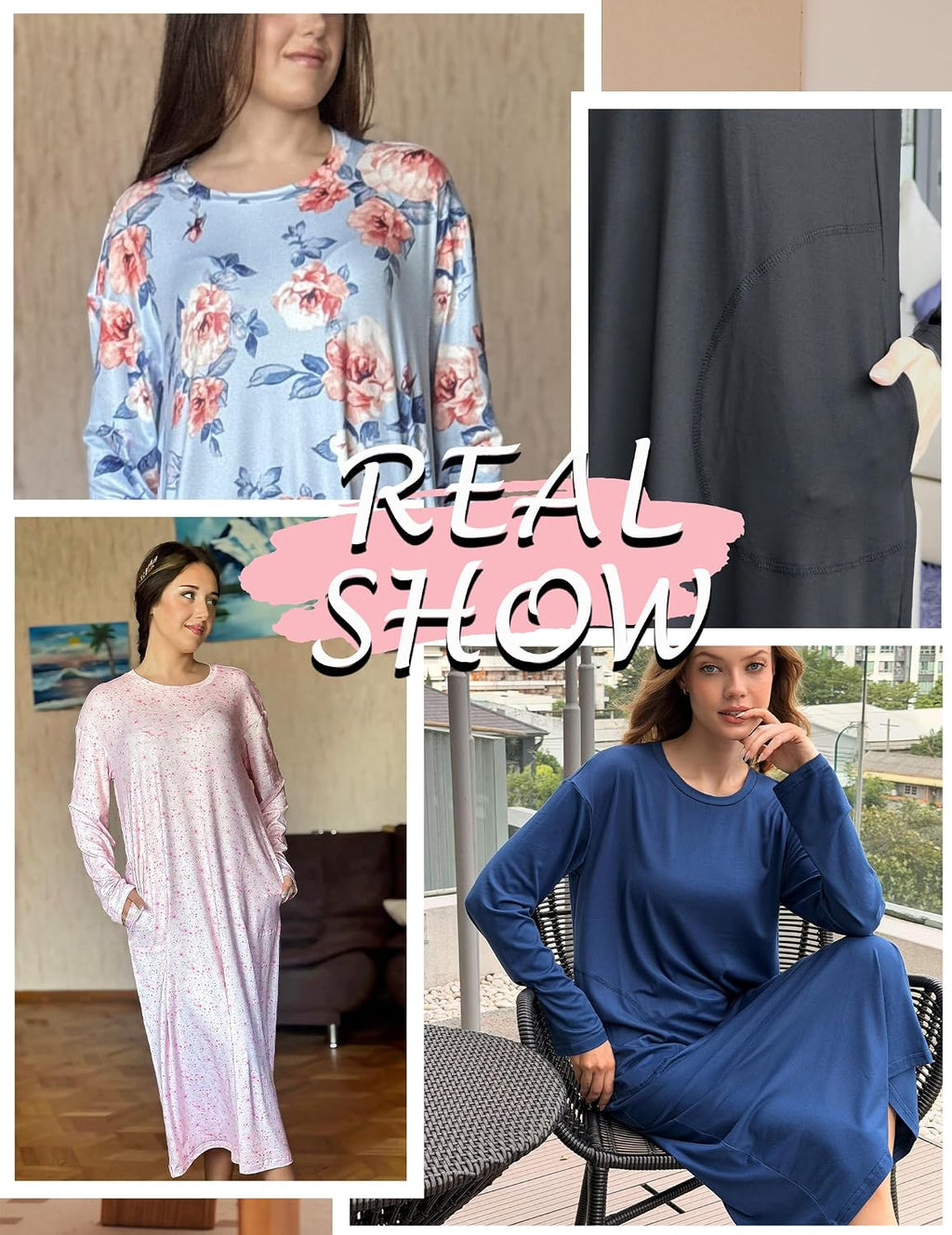 Ekouaer 2 Pack Long Nightgowns for Women Long Sleeve Nightgown with Pocket