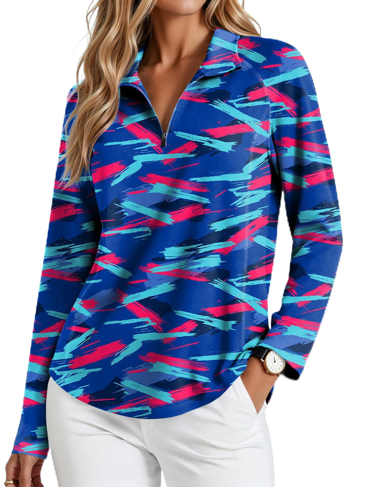 PINSPARK Womens Golf Shirt Long Sleeve Polo Shirts 1/4 Zip Tennis Hiking Tops UPF 50+ Workout Athletic Tee with Thumb Holes