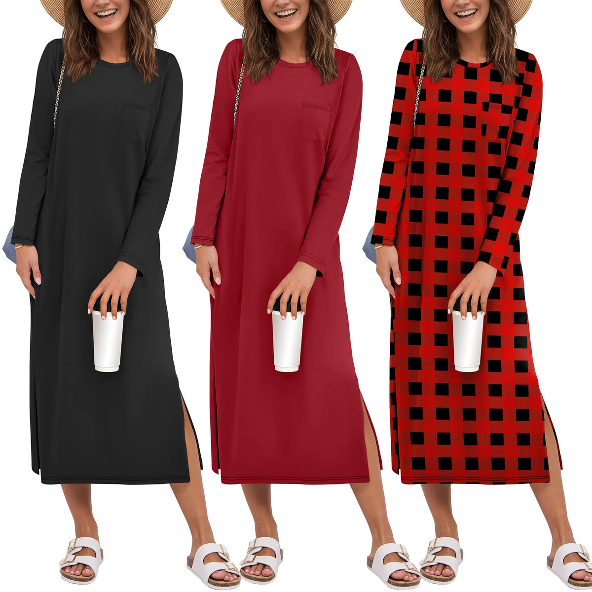 Ekouaer 3 Pack Long Sleeve Full Length Chest Pocket Nightgowns for Women