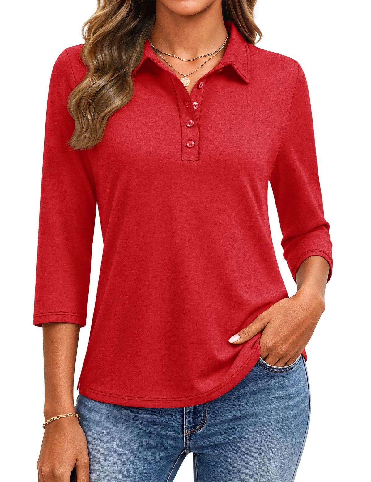 YUCOLEN Polo Shirts for Women 3/4 Sleeve Tops Golf Tees 5-Button Collared