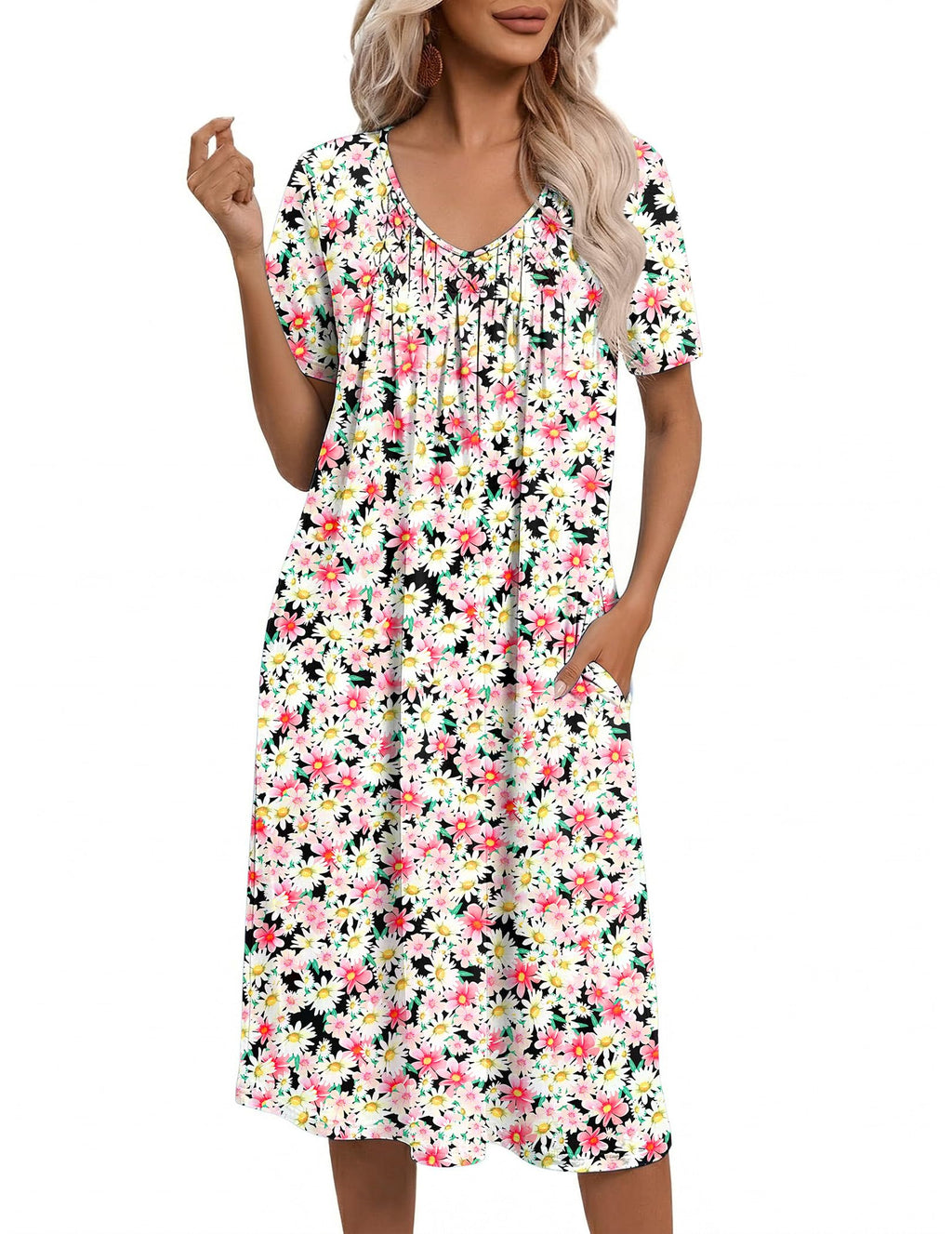 Ekouaer Nightgowns for Women with Pockets House Dress Pleated Night Gowns