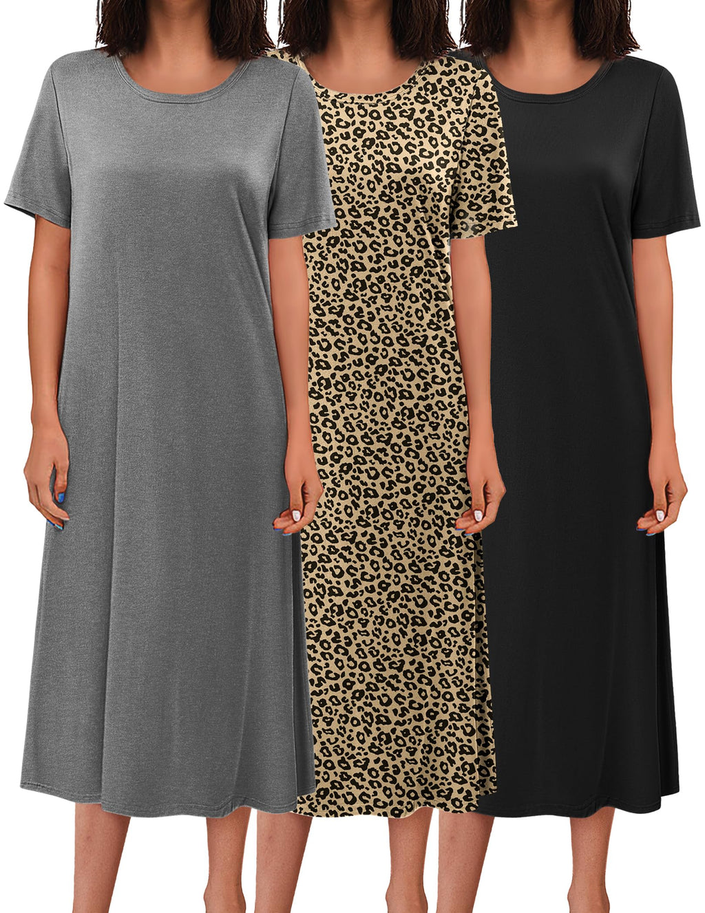 Ekouaer 3 Pack Long Nightgowns for Women House Dress Plus Size Nightshirt