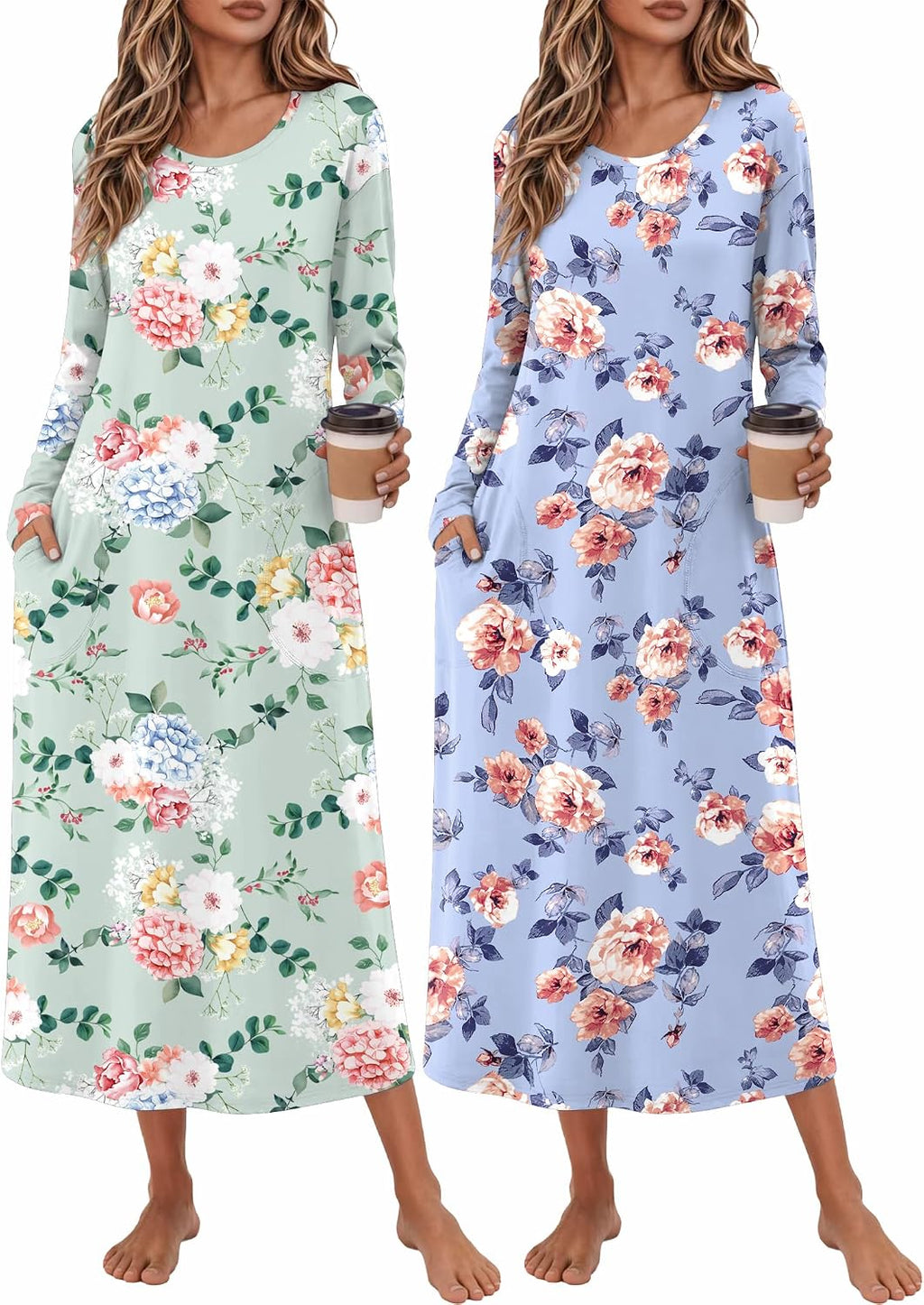 Ekouaer 2 Pack Long Nightgowns for Women Long Sleeve Nightgown with Pocket