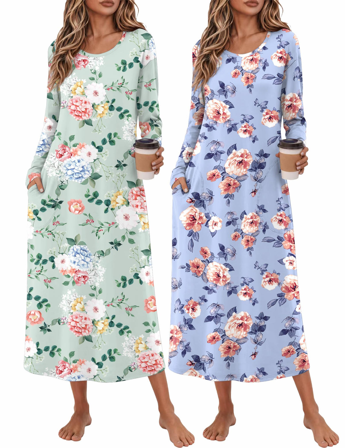 Ekouaer 2 Pack Long Nightgowns for Women Long Sleeve Nightgown with Pocket