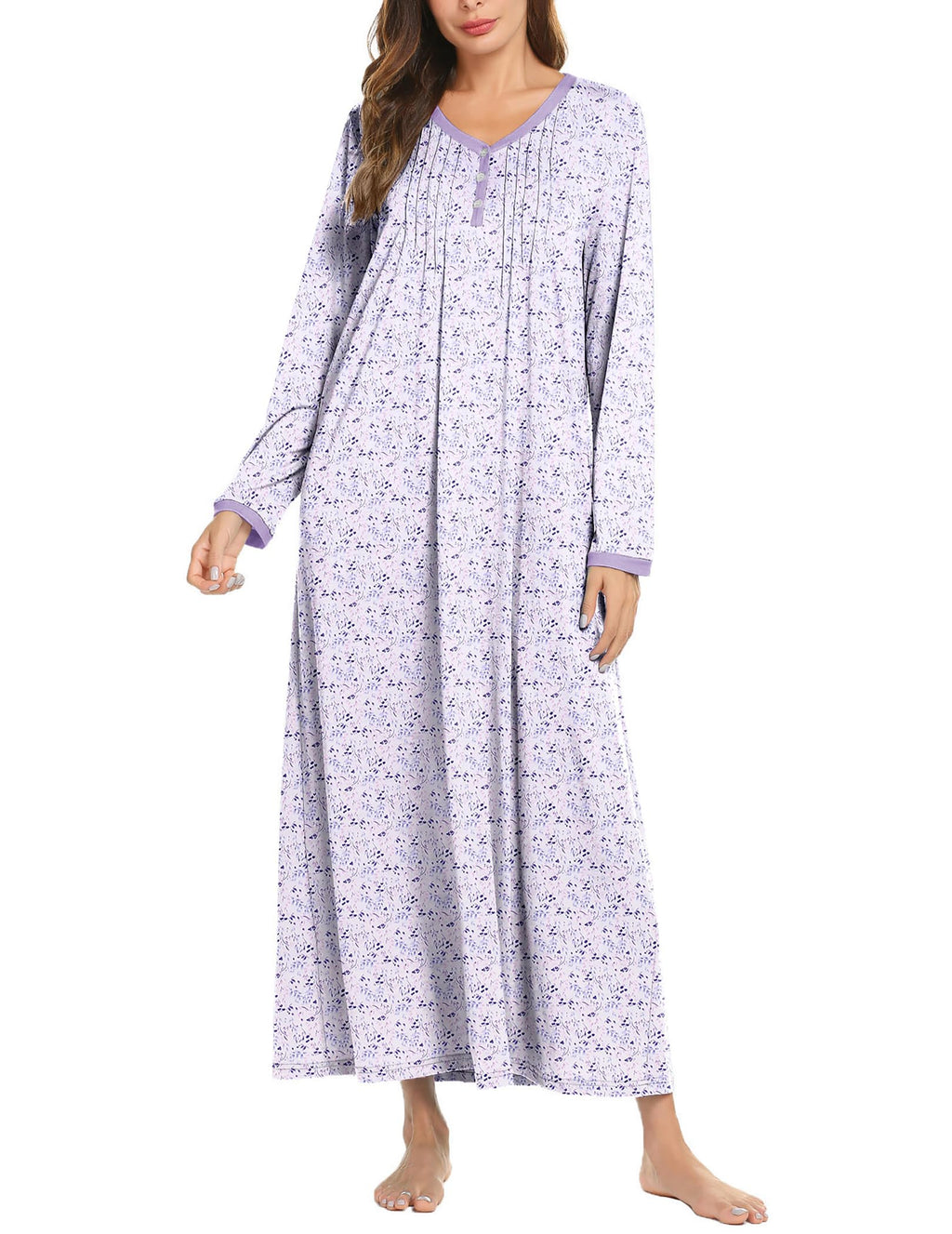 Ekouaer Women's Long Sleeve Nightgown Full Length Sleepwear Long Sleepshirts Henley Sleep Dress