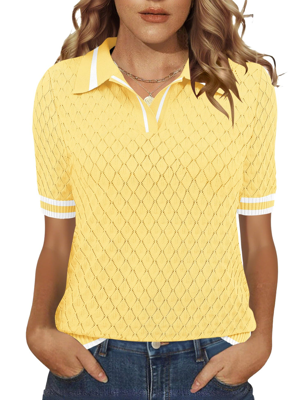 Rapbin Womens Short Sleeve Knit Polo Shirts Summer Spring Sweater Tops