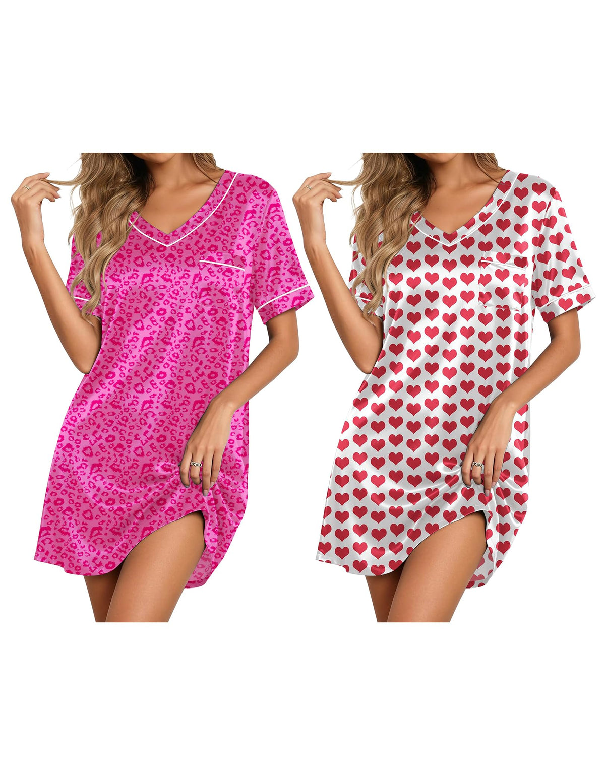 Ekouaer 2 Pack Nightgowns for Women Satin Short Sleeve V Neck House Dress