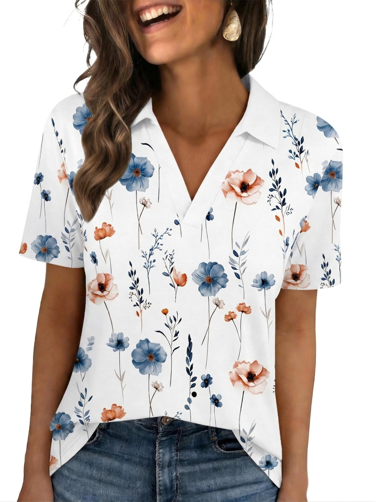 Womens Polo Shirts Short Sleeve V Neck Collared Business Summer Blouse Top