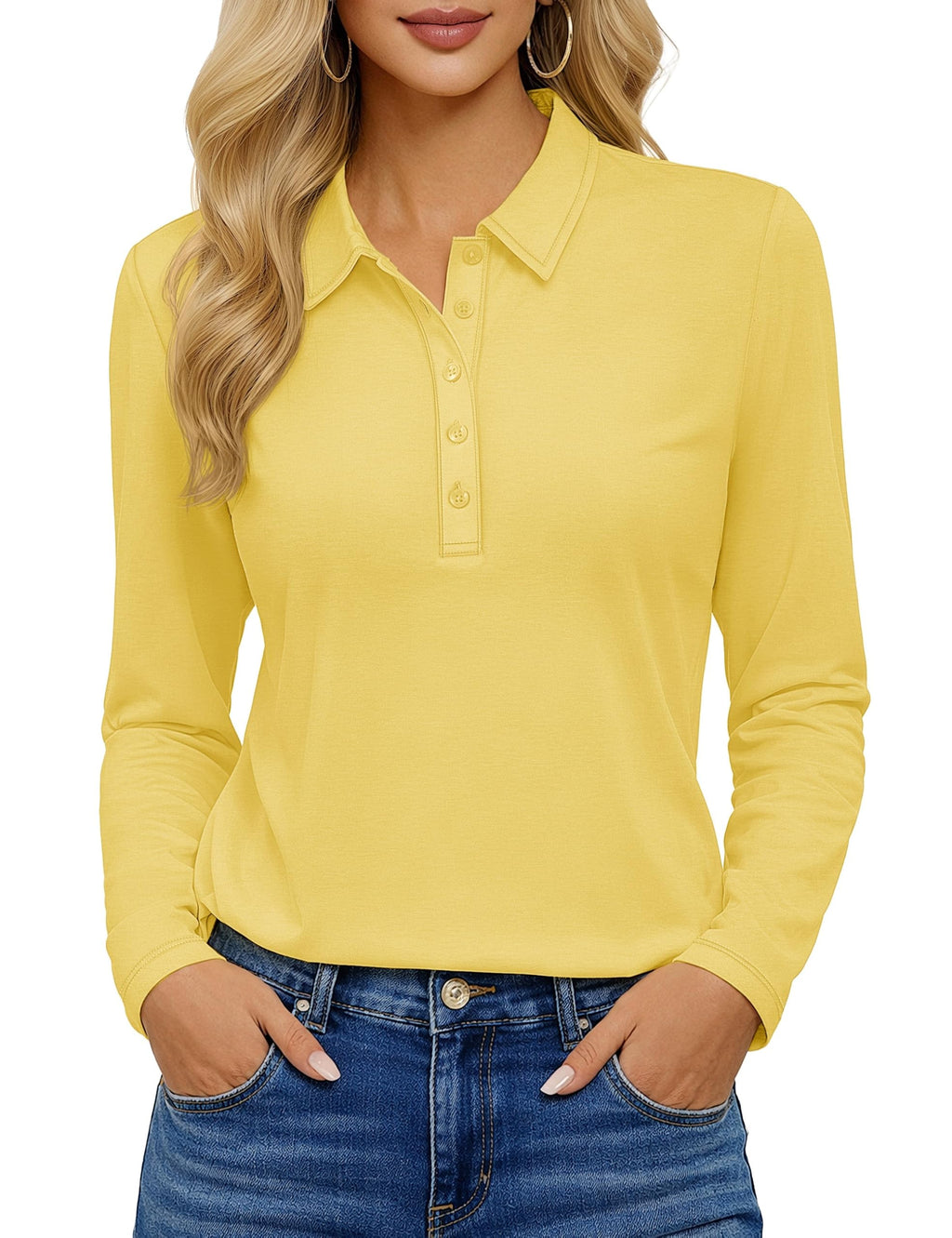 YUCOLEN Long Sleeve Polo Shirts for Women 5-Button Collared Golf Tops