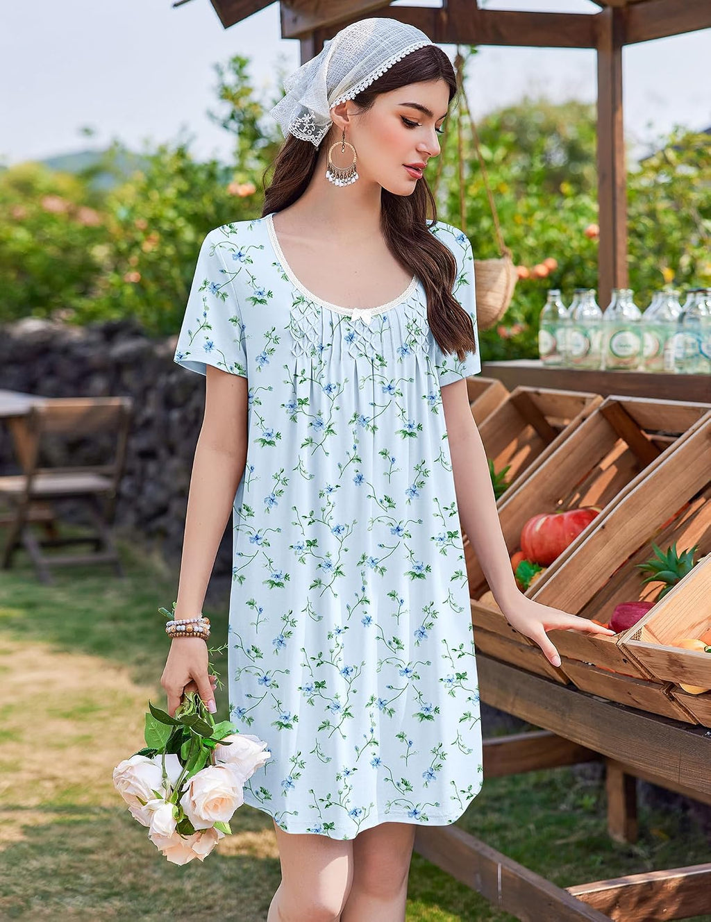 Ekouaer Nightgowns for Women Pleated Sleep Shirts Short Sleeve Night Shirts
