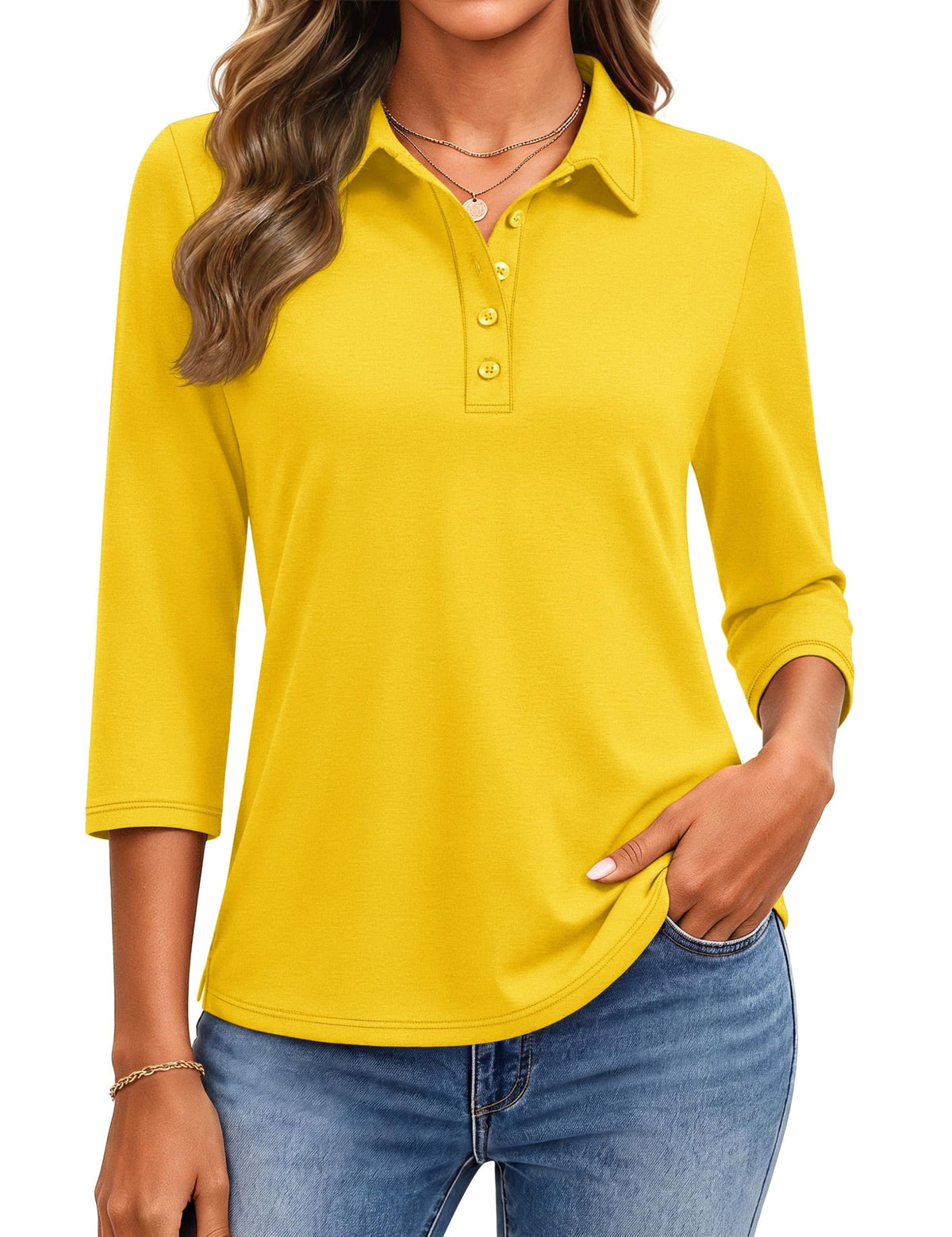 YUCOLEN Polo Shirts for Women 3/4 Sleeve Tops Golf Tees 5-Button Collared