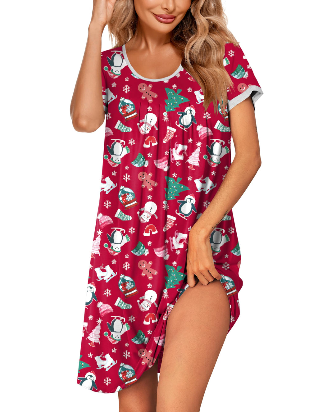 Ekouaer Womens Nightgown Short Sleeve Sleepwear Soft Pleated Sleepshirt