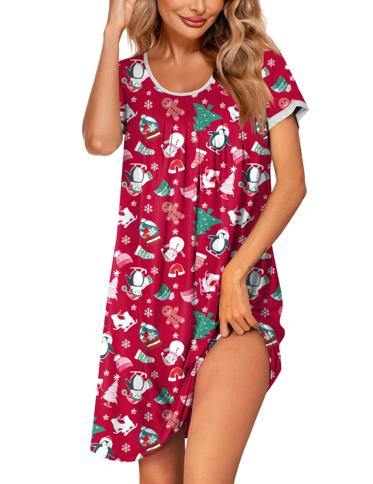 Ekouaer Womens Nightgown Short Sleeve Sleepwear Soft Pleated Sleepshirt