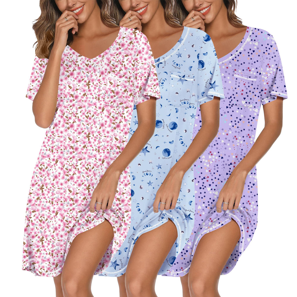 Ekouaer 3 Pack Nightgowns for Women Short Sleeve Sleep Shirt Soft Sleepwear